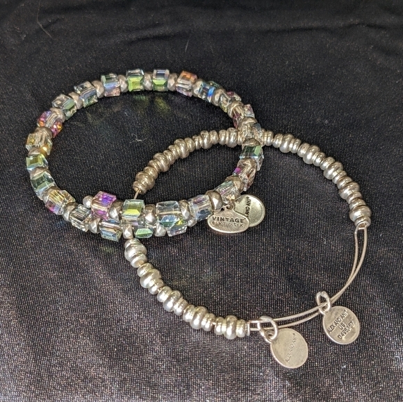 Pair of "Vintage Sixty-Six" Beaded Silver Bangle Bracelets by Alex and Ani - Picture 1 of 9